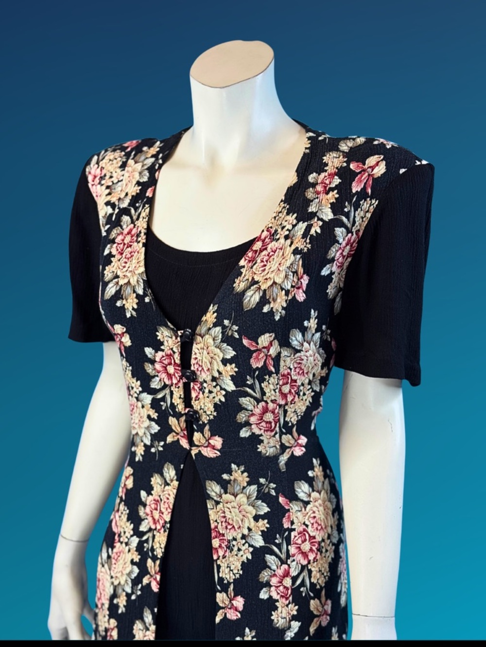 90s Dark Floral Cottagecore Rayon Button front Grannycore Grunge Dress / M L - Picture 4 of 10